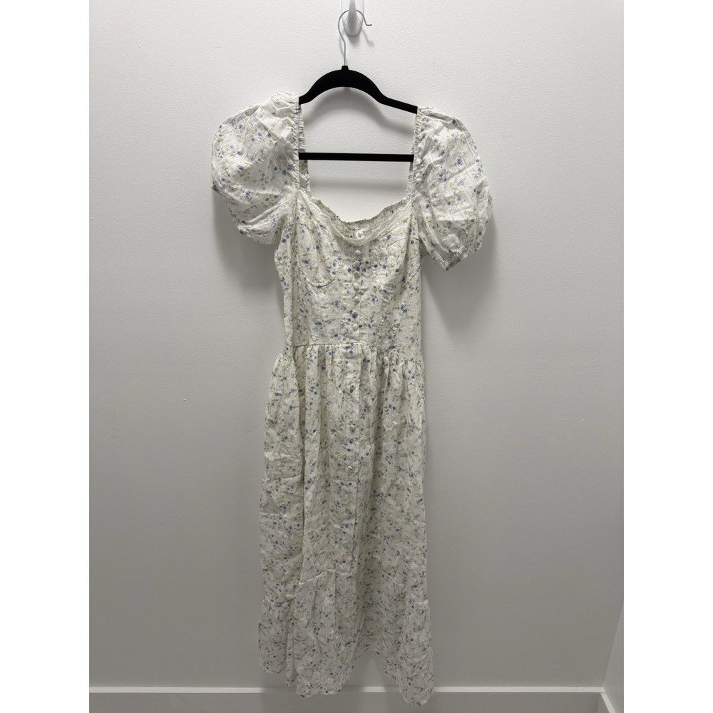 By the River White Floral Midi Dress Small Puff Sleeve Cottagecore Lace Nwt